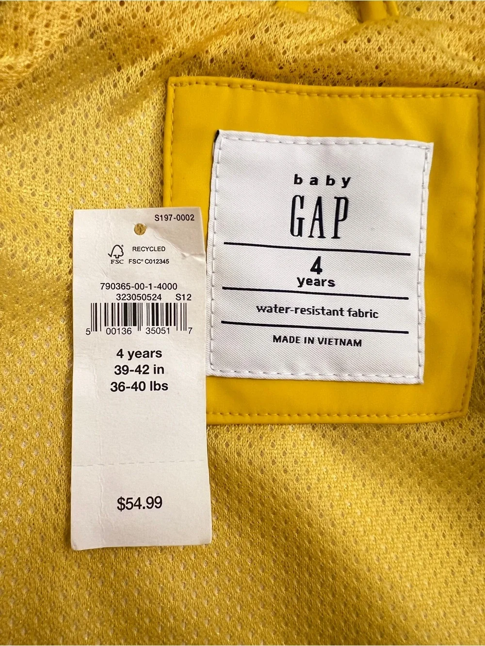 Baby GAP Yellow Hooded Rain Jacket Raincoat 4T